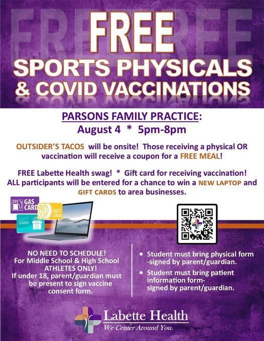 Labette Health Sports Physicals on August 4 from 5-8 PM
