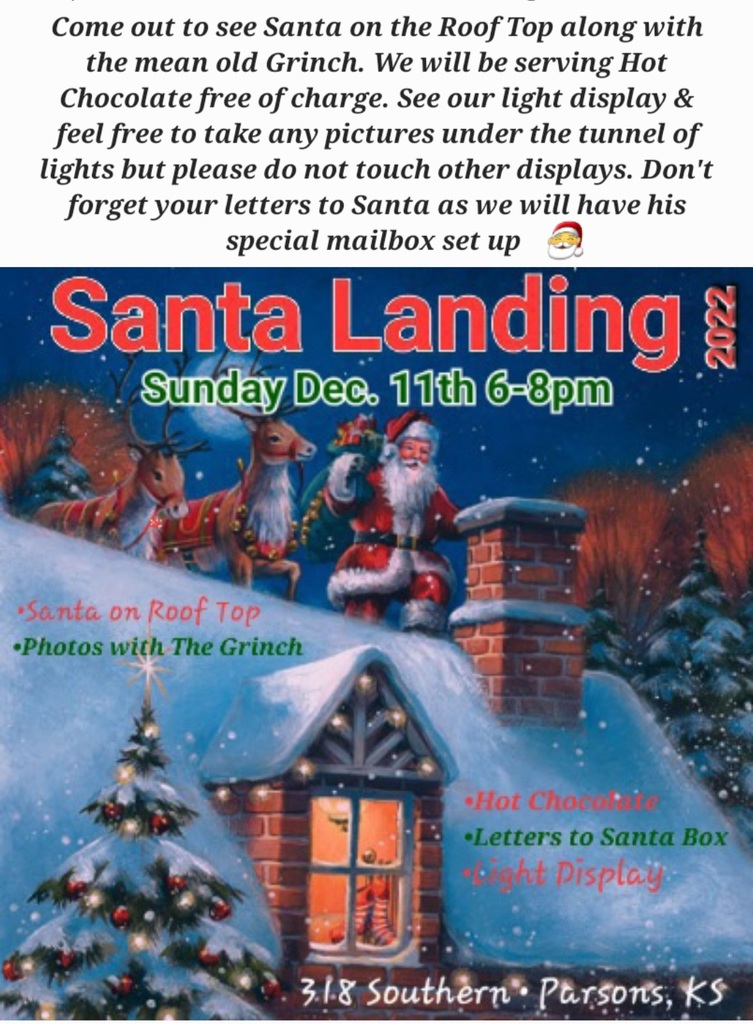 Come out to see Santa on the Roof Top along with the mean old Grinch. We will be serving Hot Chocolate free of charge. See our light display & feel free to take any pictures under the tunnel of lights but please do not touch other displays. Don't forget your letters to Santa as we will have his special mailbox set up.