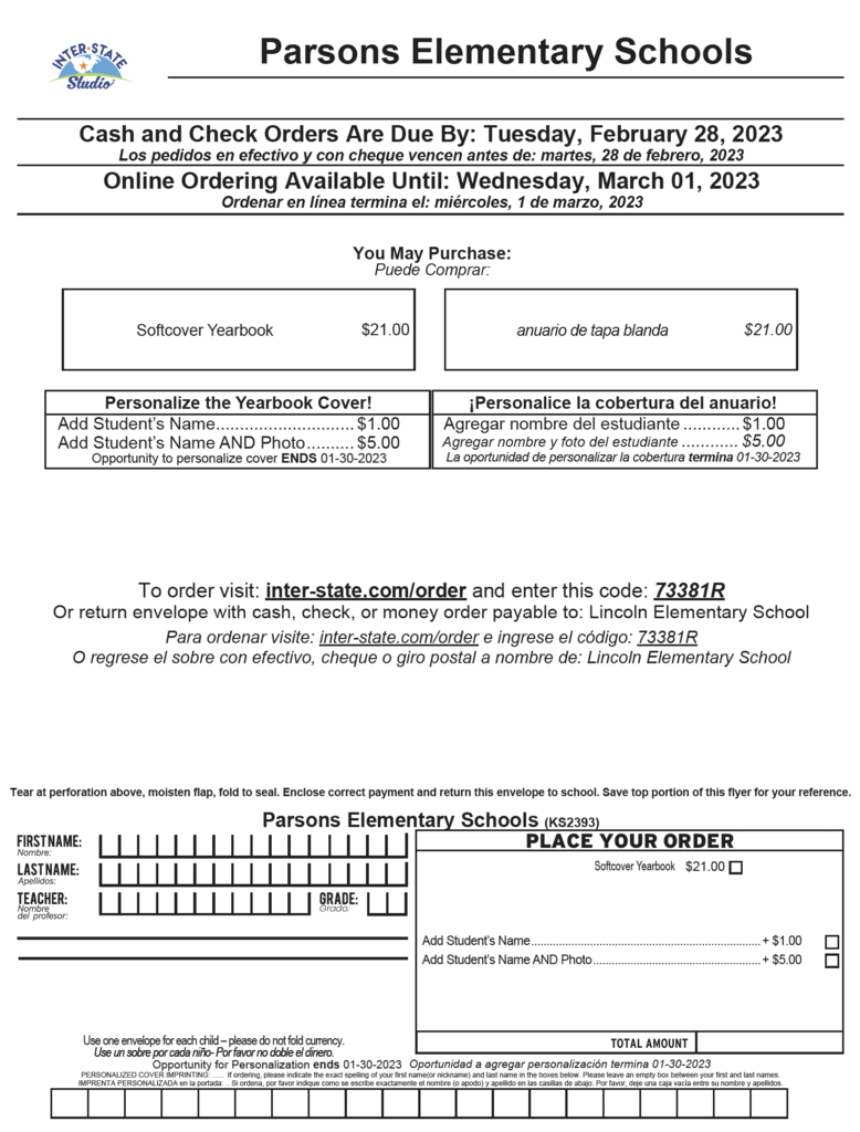 Image of Yearbook Order Form for Elementary