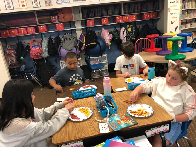 Mrs. Strode’s class is working hard with making equal groups to solve multiplication problems by using goldfish. The goldfish are in the pond (plate) and each group is a net that catches the fish. Each amount of fish has to be equal to find theanswer