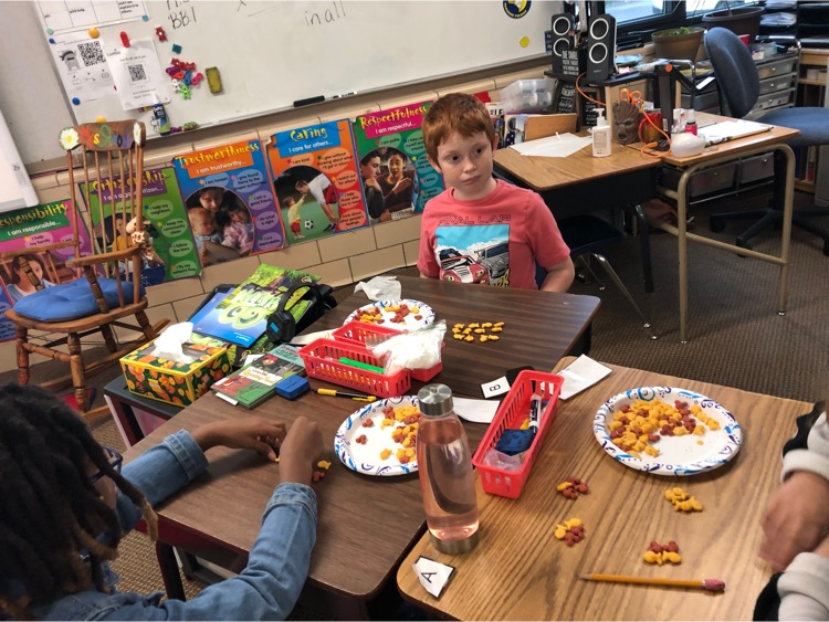 Mrs. Strode’s class is working hard with making equal groups to solve multiplication problems by using goldfish. The goldfish are in the pond (plate) and each group is a net that catches the fish. Each amount of fish has to be equal to find theanswer