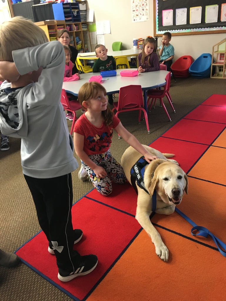 Students watch as another student pets dog